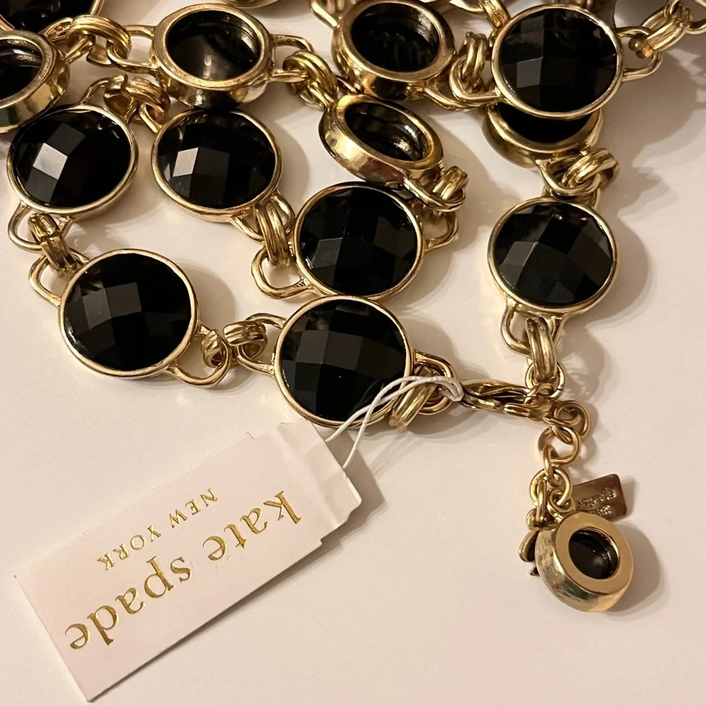 N322 NWT Kate Spade VTG Black Crystal Gold Station Necklace